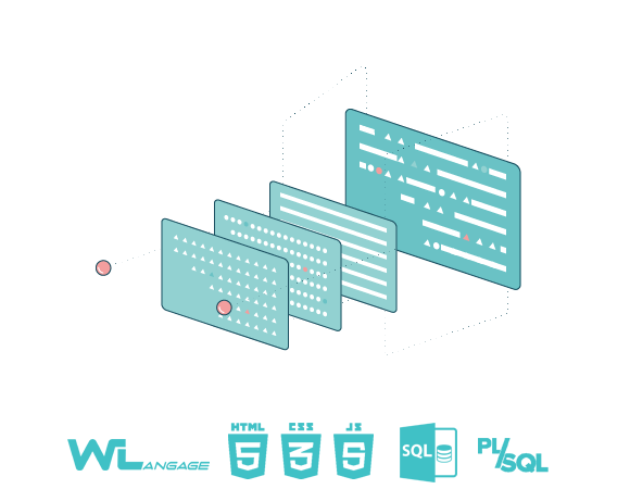 Langages de développement WLangage, SQL, HTML, JavaScript, illustration isométrique