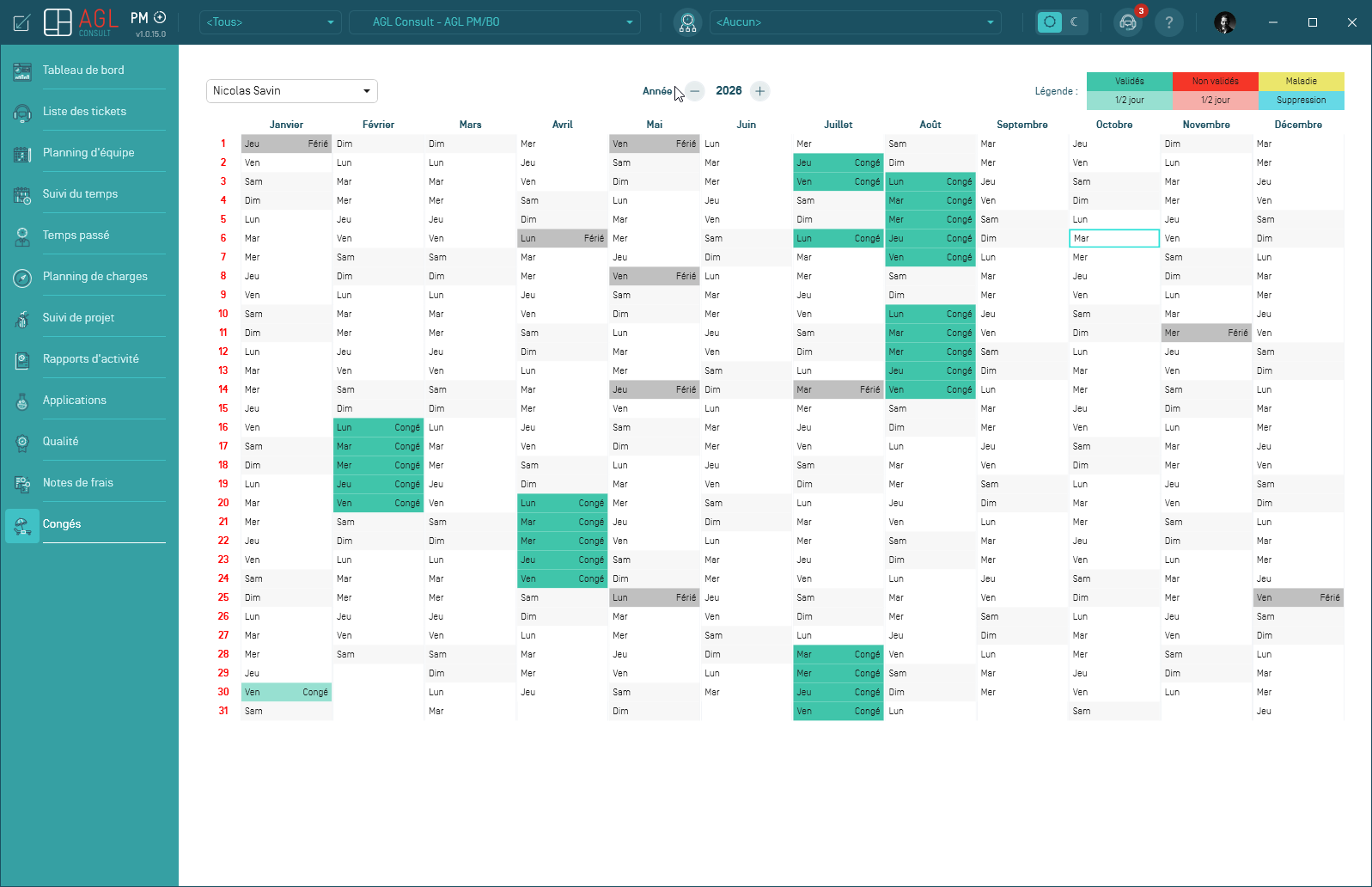 Calendrier annuel des congés d'un collaborateur dans AGL PM+