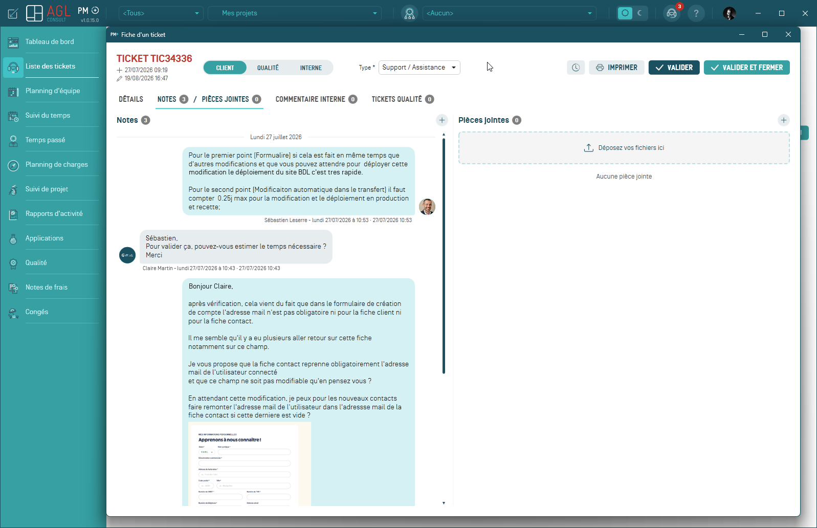 Fiche d'un ticket dans AGL PM+ : fil des notes échangées avec le client