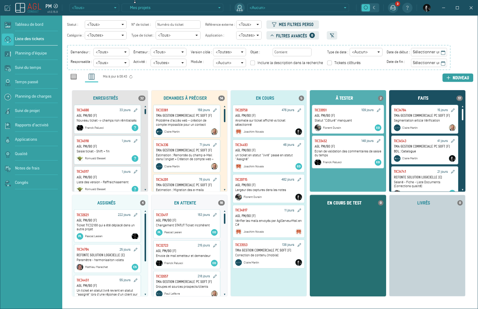 Vue Kanban d'AGL PM+ : tickets répartis par statut