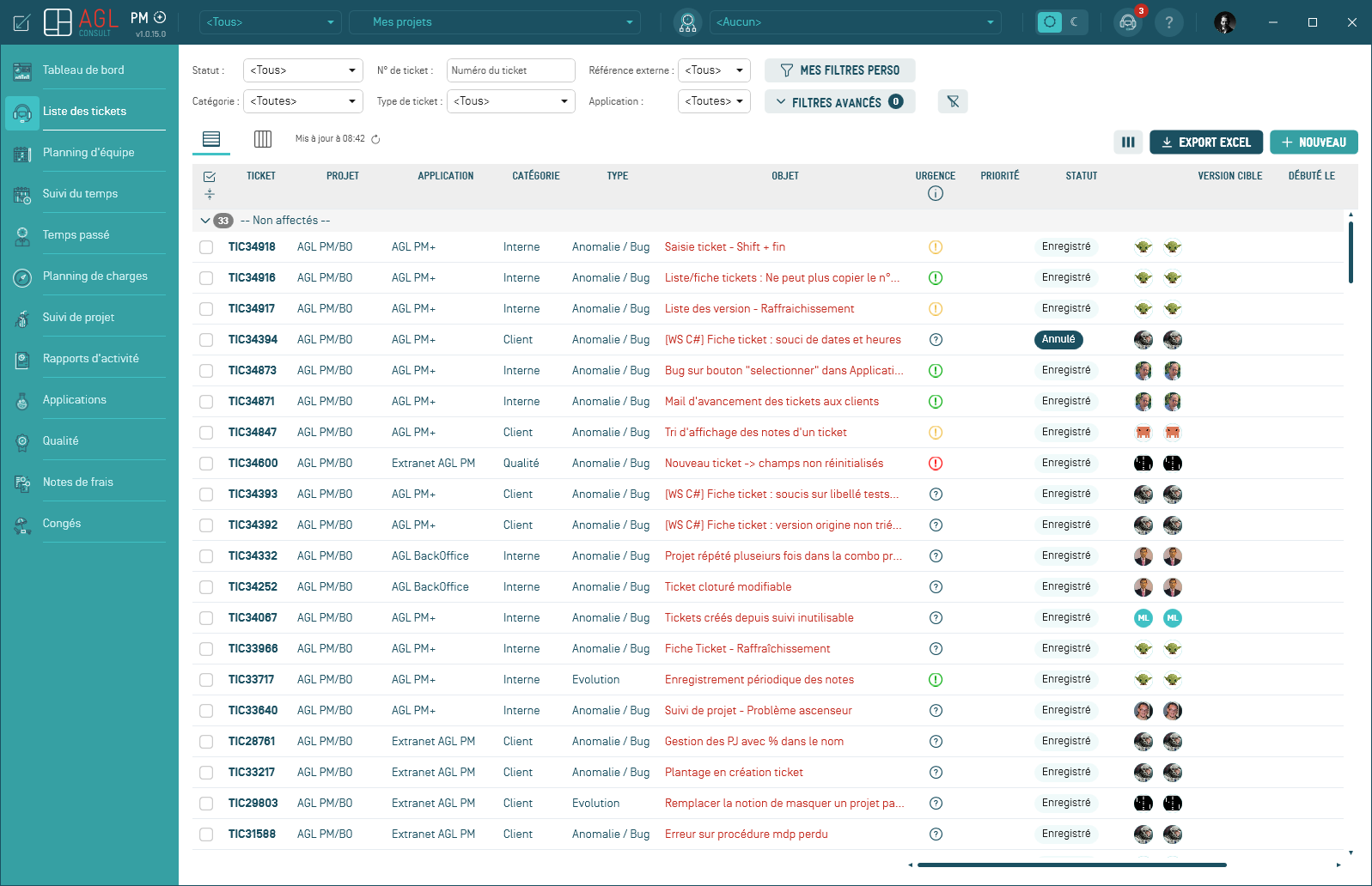 Liste des tickets d'AGL PM+ : filtres, colonnes de suivi et export Excel