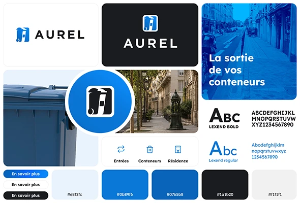 Brand board AUREL : logo, palette de bleus, typographie Lexend et pictogrammes de la nouvelle identité visuelle
