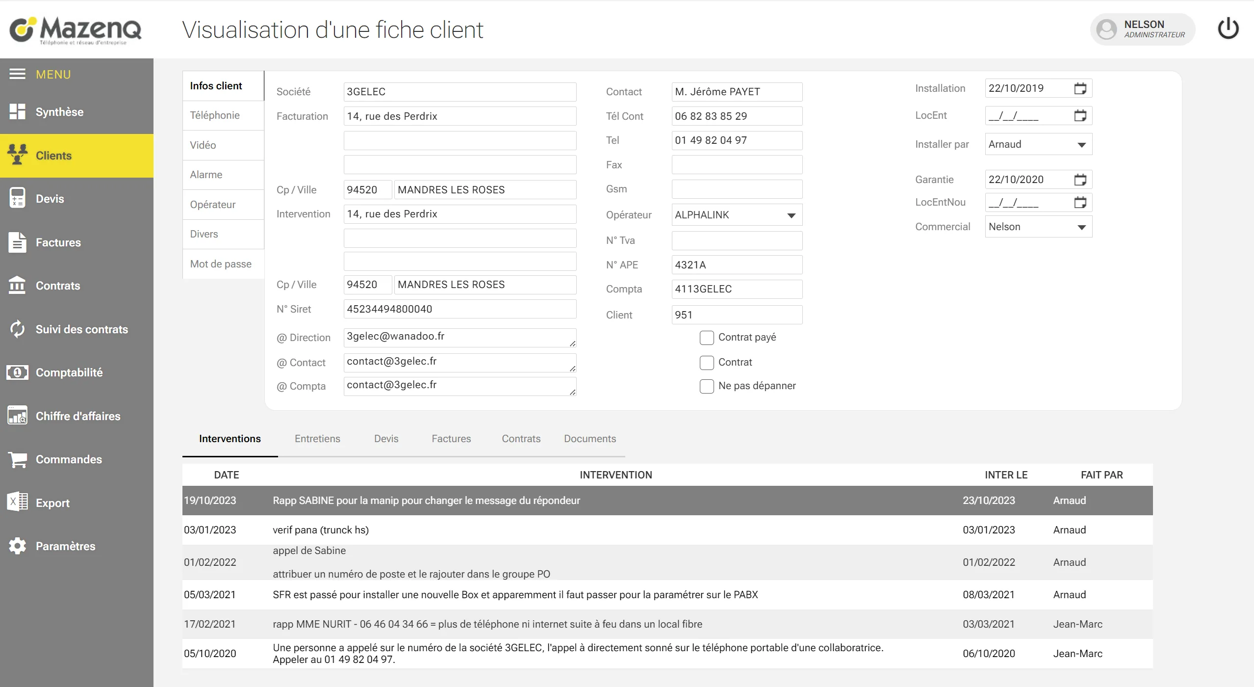 La fiche client de l'ERP Mazenq après la refonte, dans la nouvelle interface