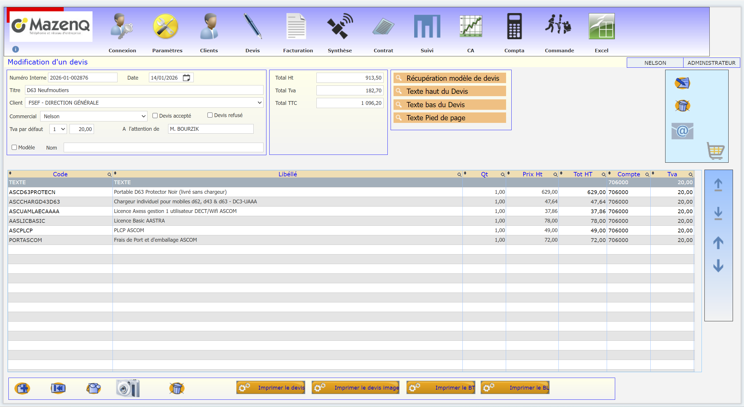 La fiche devis de l'ERP Mazenq avant la refonte, dans l'interface WebDev d'origine