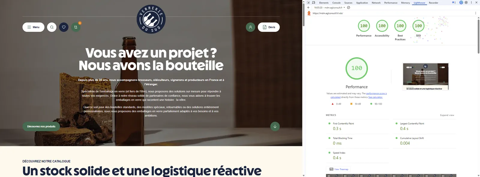 Rapport Lighthouse de Chrome sur le nouveau site Verrerie du Sud : 100 sur 100 en performance, accessibilité, bonnes pratiques et référencement, avec un affichage du contenu principal en 0,4 seconde