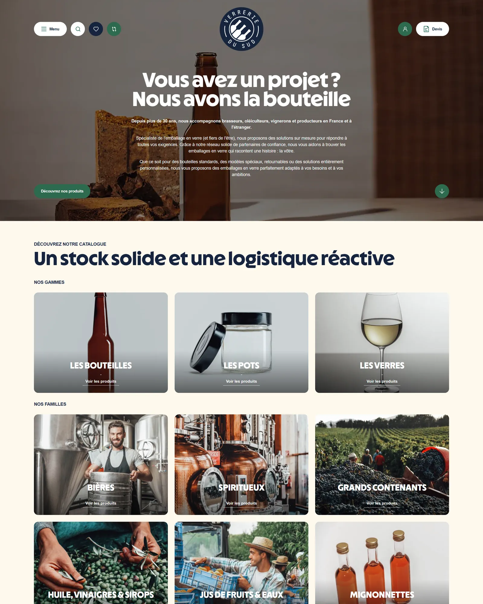 La page d'accueil du nouveau site Verrerie du Sud : titre « Vous avez un projet ? Nous avons la bouteille » et accès au catalogue