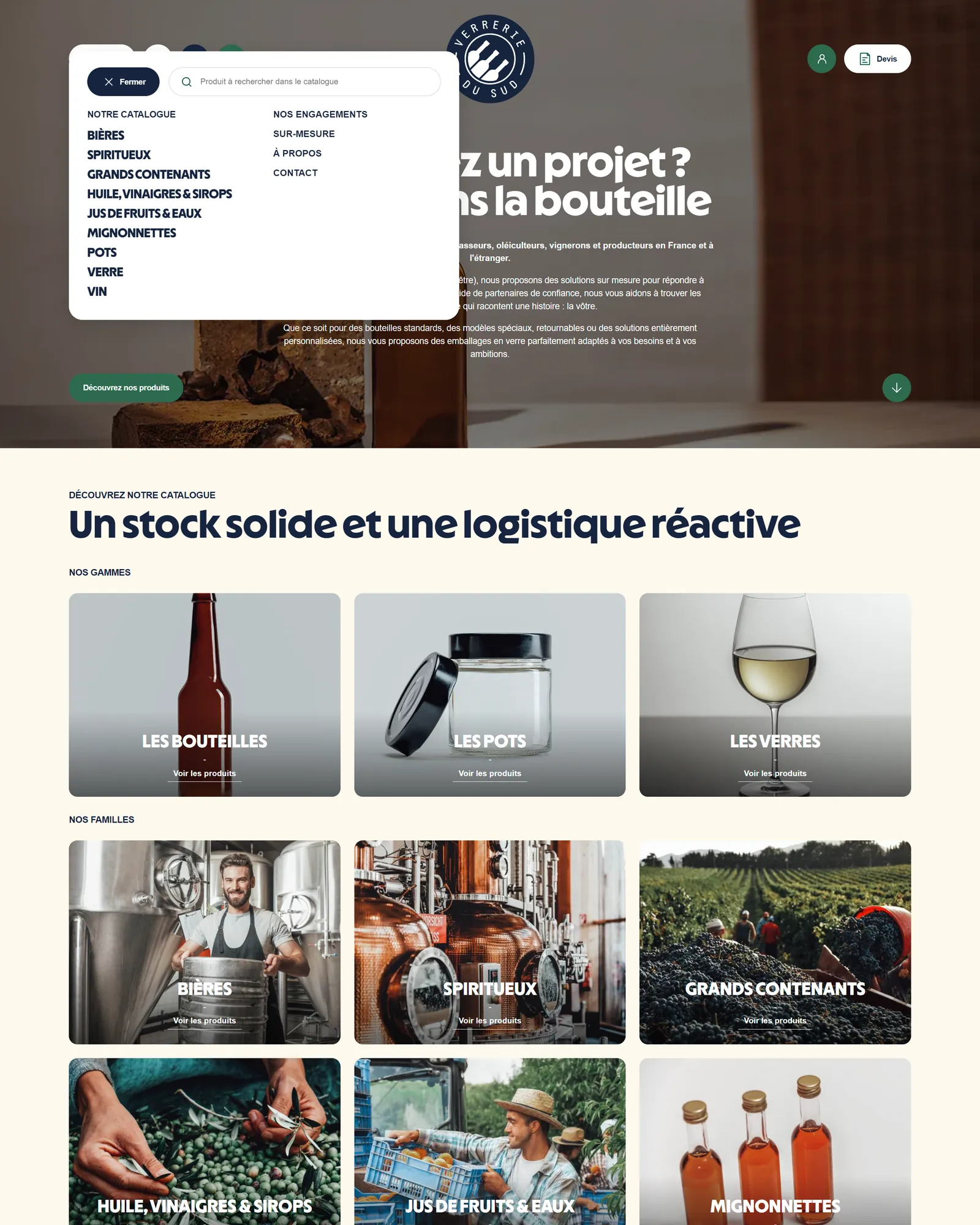 Le menu du nouveau site Verrerie du Sud, ouvert sur les familles du catalogue : bières, spiritueux, grands contenants, huiles, vinaigres et sirops