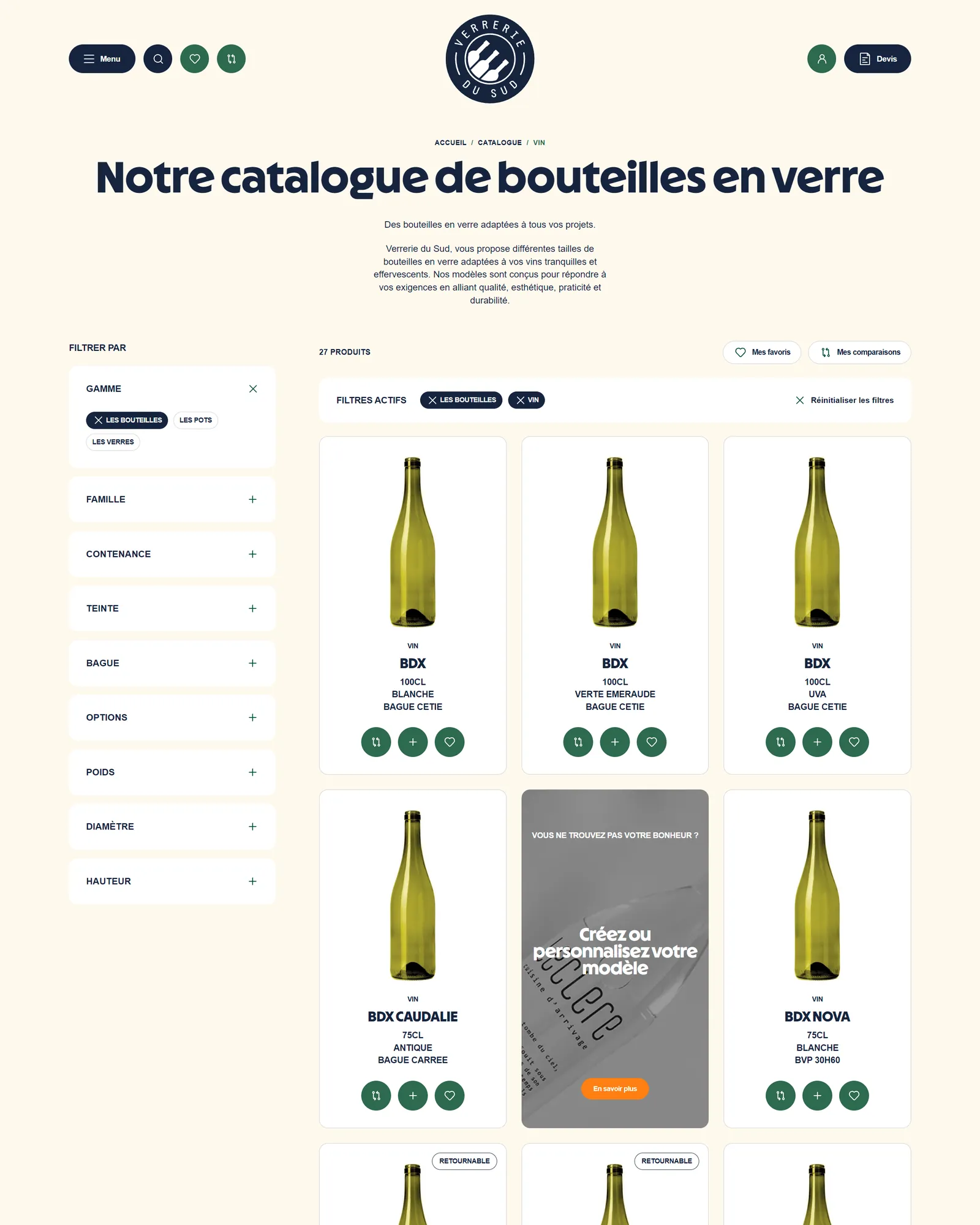 Le catalogue de bouteilles en verre du nouveau site Verrerie du Sud, avec ses filtres par gamme, famille, contenance et teinte