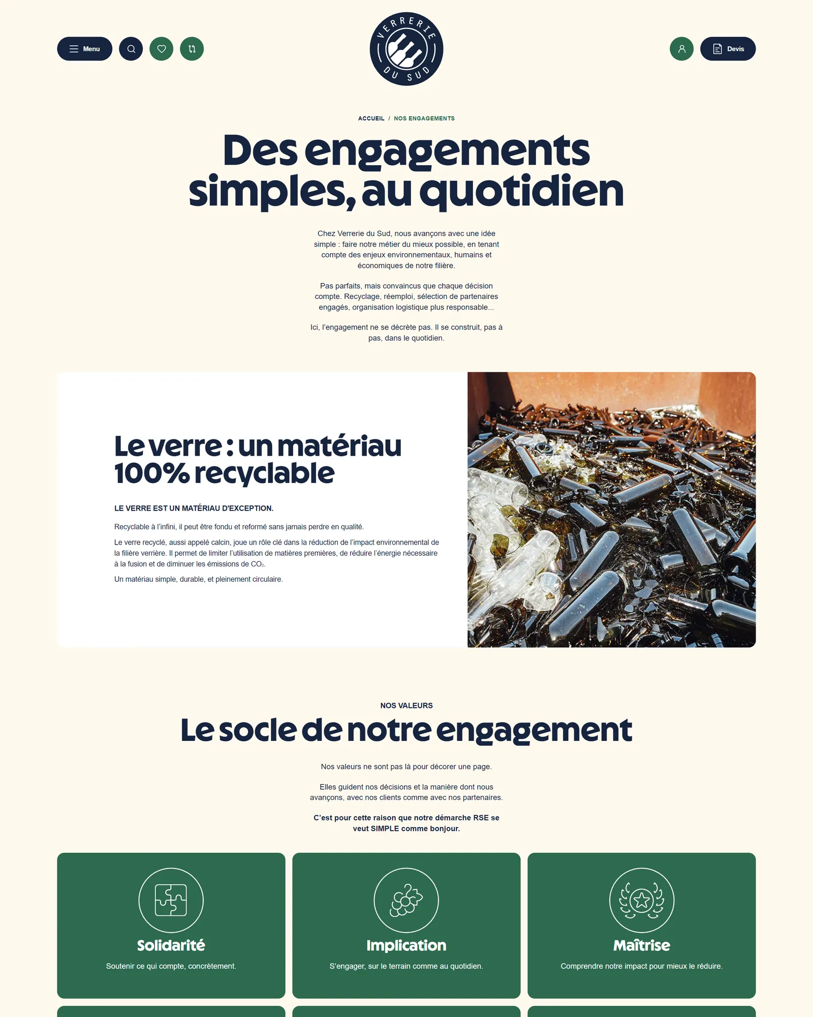 La page des engagements du nouveau site Verrerie du Sud : le verre, un matériau 100 % recyclable