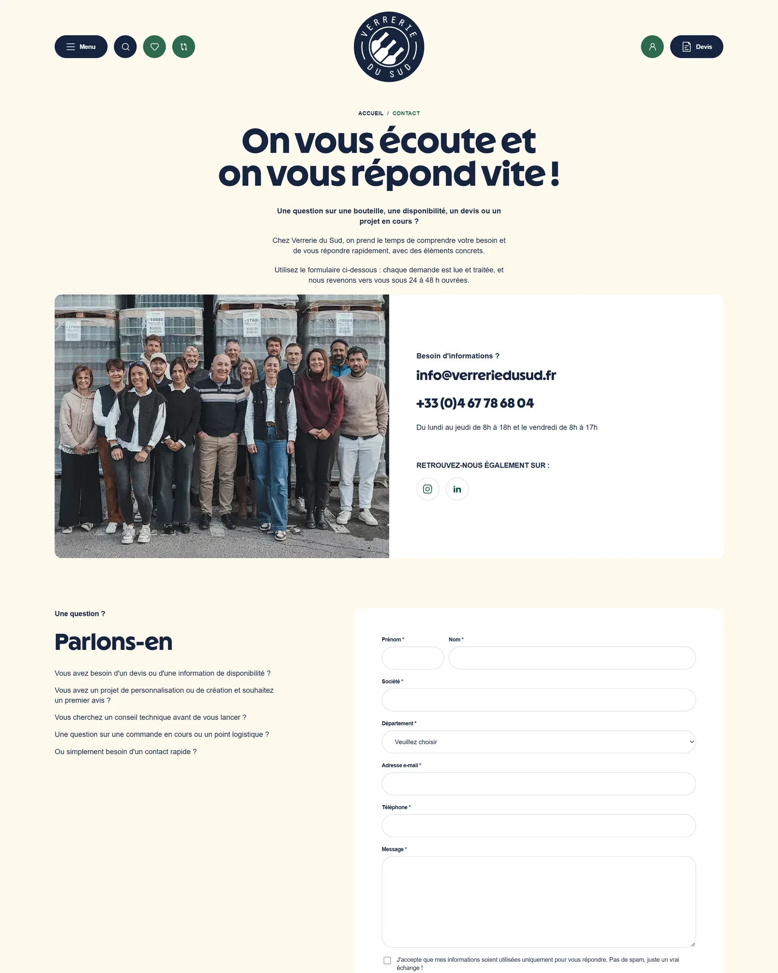 La page contact du nouveau site Verrerie du Sud : photo de l'équipe, coordonnées et formulaire