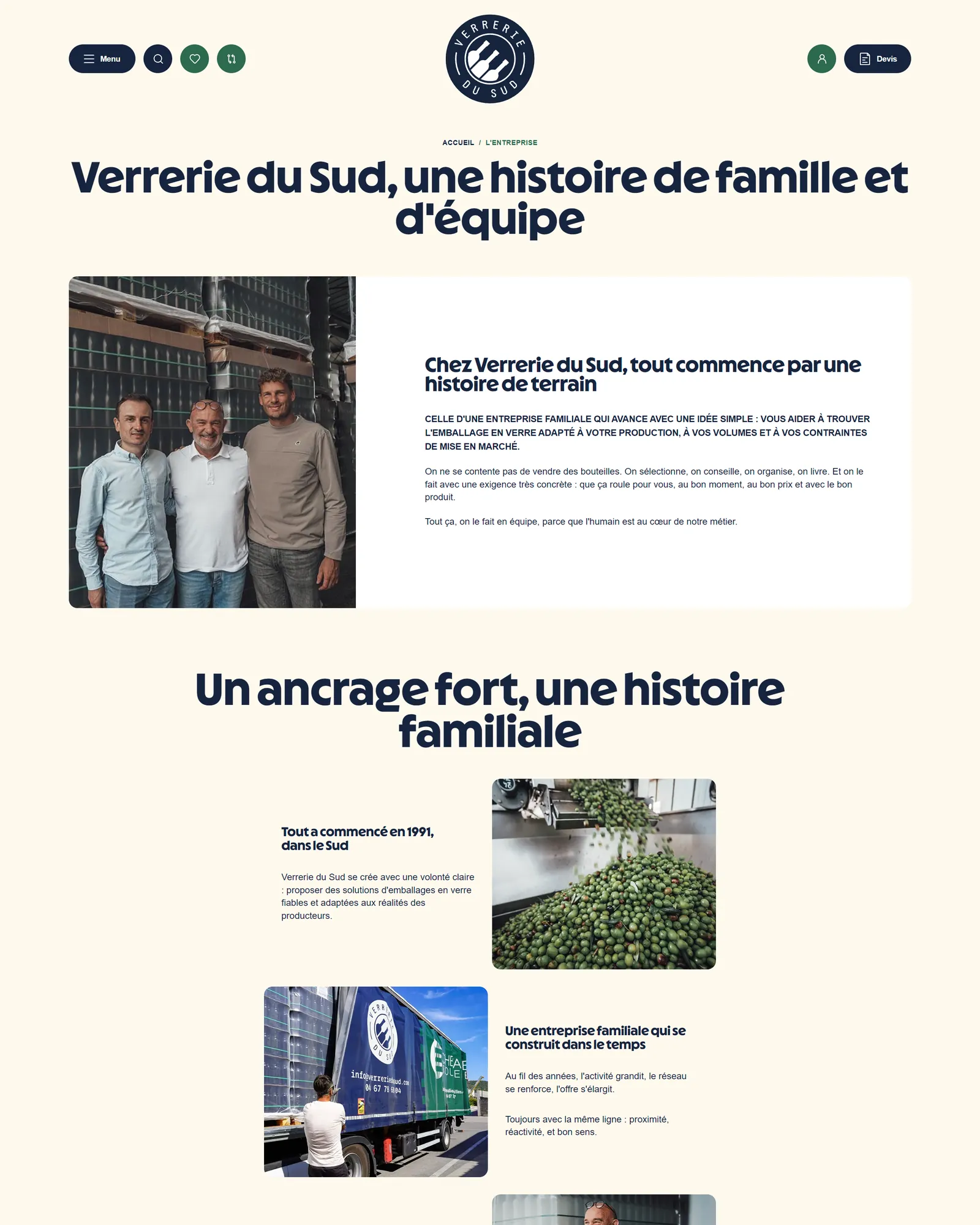 La page entreprise du nouveau site Verrerie du Sud : une histoire de famille et d'équipe