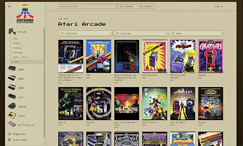 Le catalogue Atari Arcade d'Atarimania après la réécriture, en mode clair