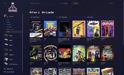Le même catalogue Atari Arcade d'Atarimania en mode sombre