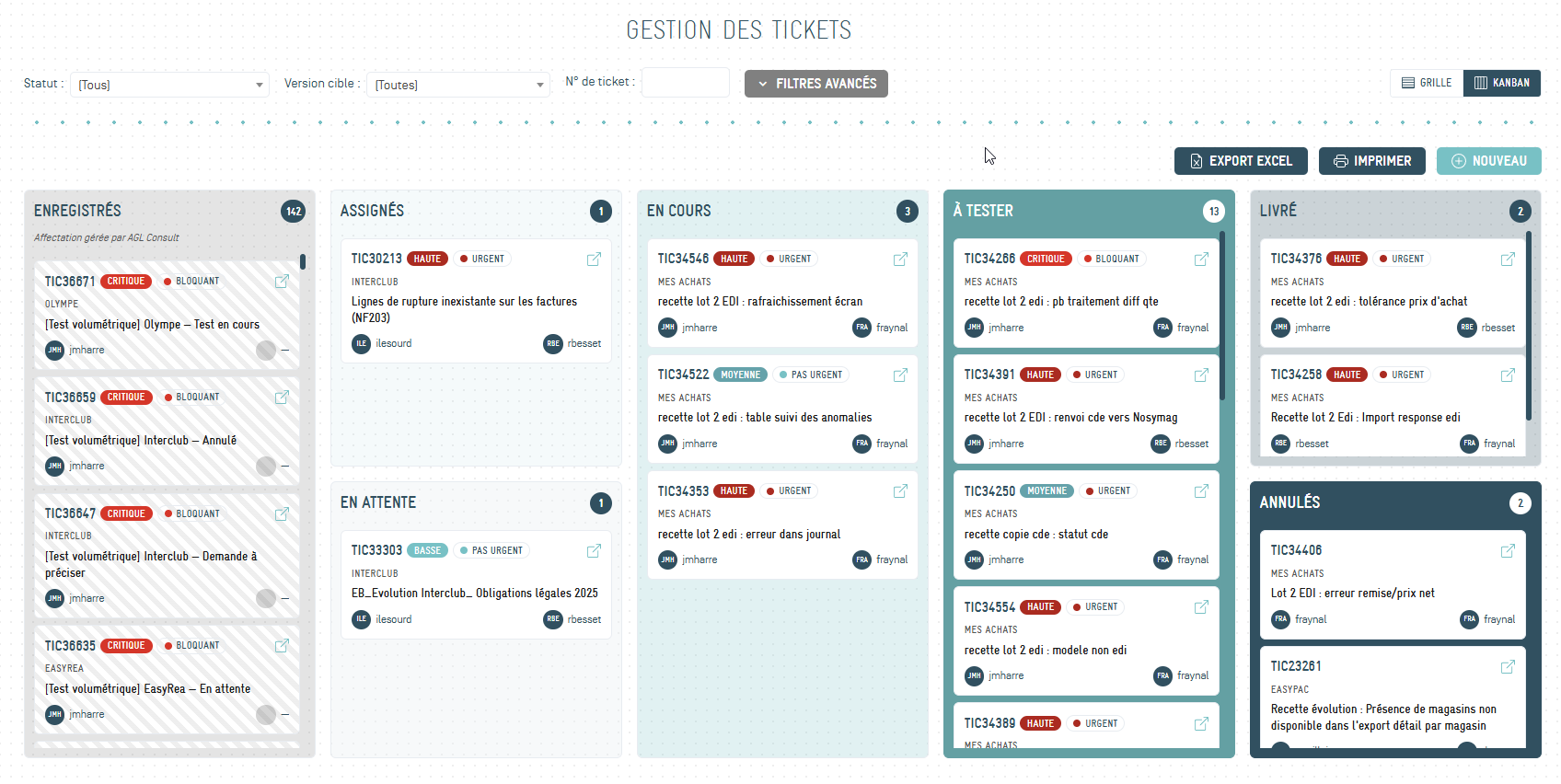 Vue Kanban de la gestion des tickets d'AGL Project Manager
