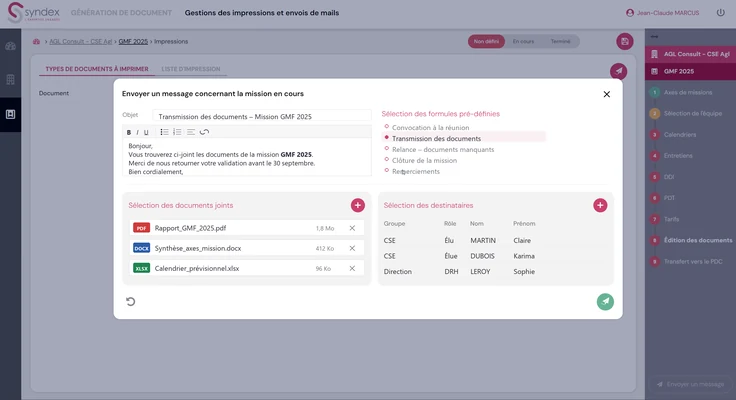 Assistant d'envoi d'e-mail du portail Syndex : objet, corps du message, formules pré-définies, documents joints et destinataires
